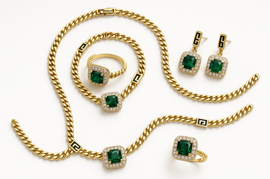 Conjunto Completo Joyería Esmeralda - 4 Piezas Dorado oro laminado