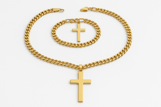 Conjunto de Joyería Cruz Oro Laminado - Collar y Pulsera